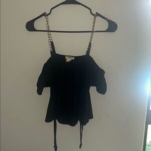 NYC Black Ruffled Chained Strap Short Sleeve Blouse